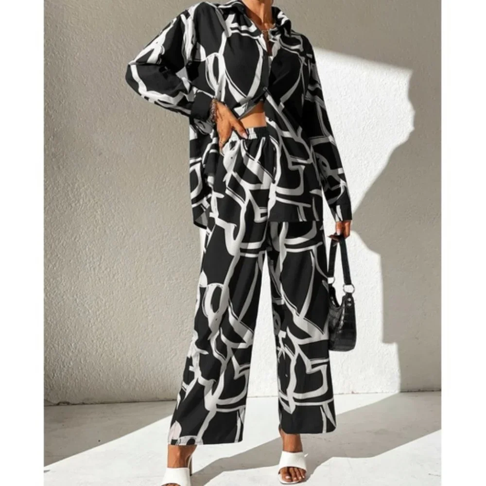 white black shirt & wide leg pant set chic fun - Picture 6 of 6